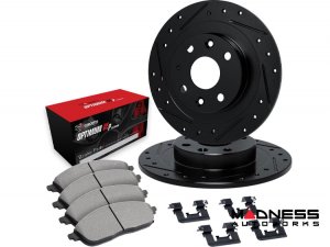 Mazda Miata MX-5 Brake Kit - Rear - R1 Concepts - Optimum OEp Brake Pads - eLINE Black Drilled + Slotted Rotors Mazda Miata MX-5 Brake Kit - Rear - R1 Concepts - Optimum OEp Brake Pads - eLINE Black Drilled + Slotted Rotors